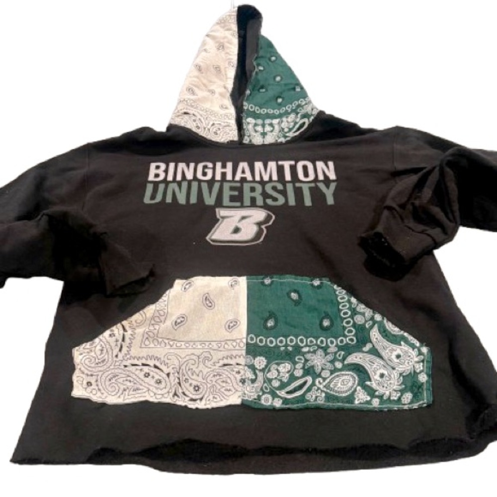 Binghamton University Hoodie. Custom Black Green paisley handkerchief details.